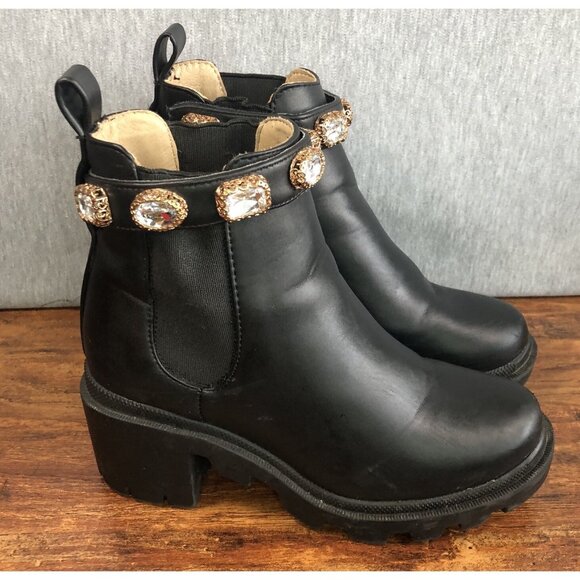 Steve Madden Women's Size 5.5 AMULET Fashion Boot Black Chucky Heel Jewels - Picture 1 of 9